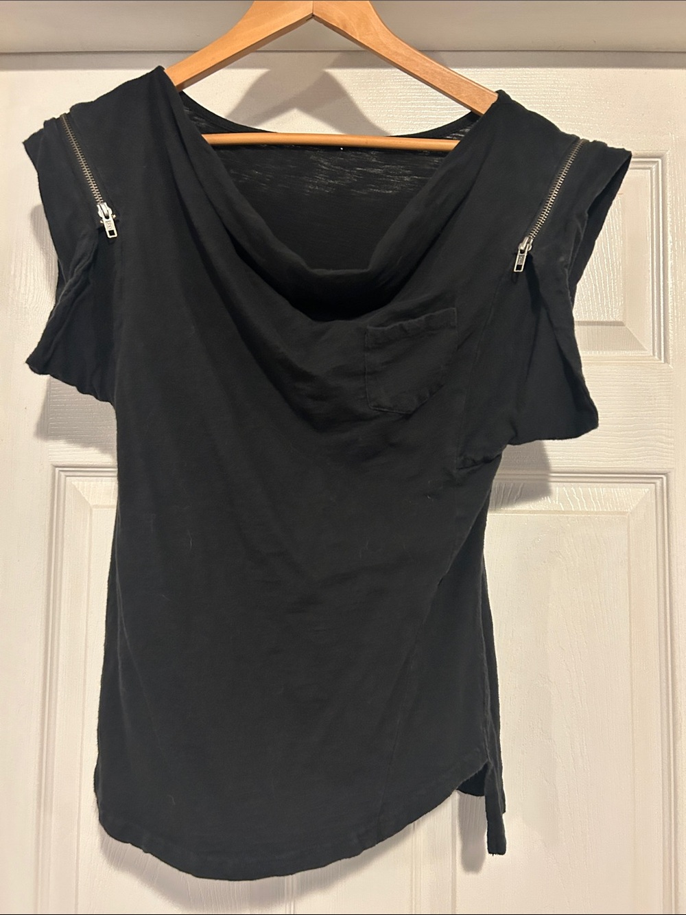 Black Draped Short-Sleeve Tee with Zip-Shoulder Detail